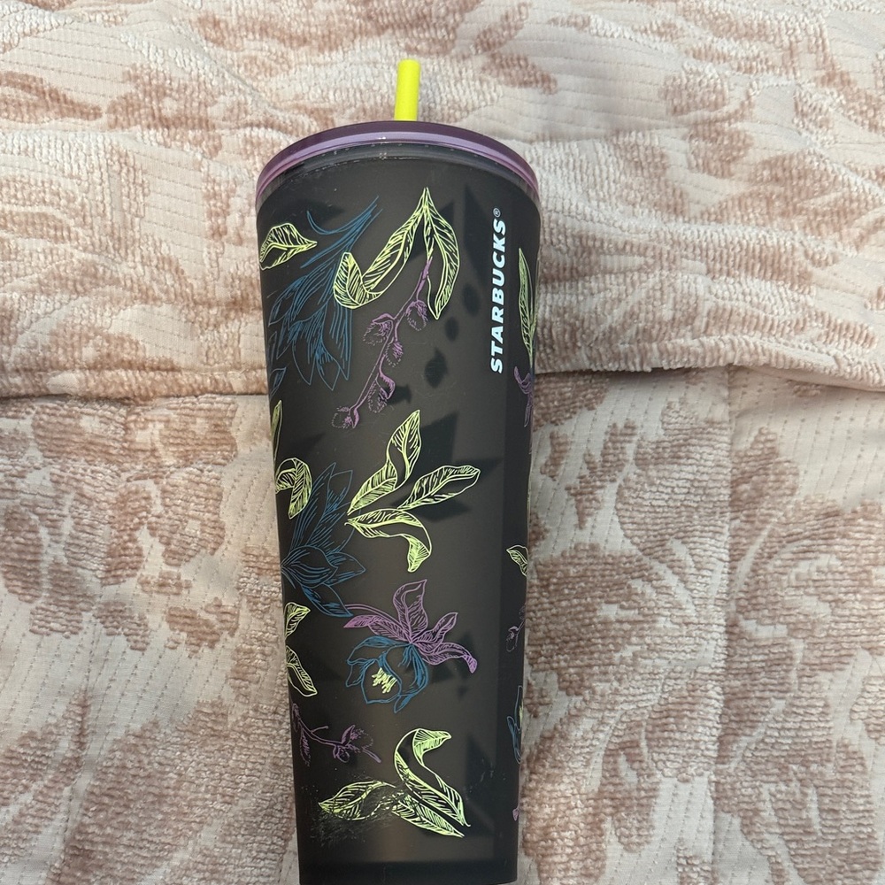 Starbucks Black Tumbler with Vibrant Floral Design